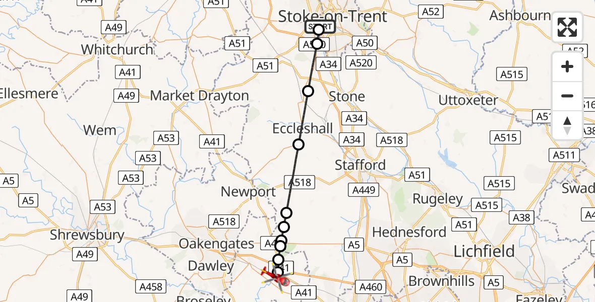 Flight path map showing Air Ambulance Helicopter route from University Hospital North Staffs to Cosford