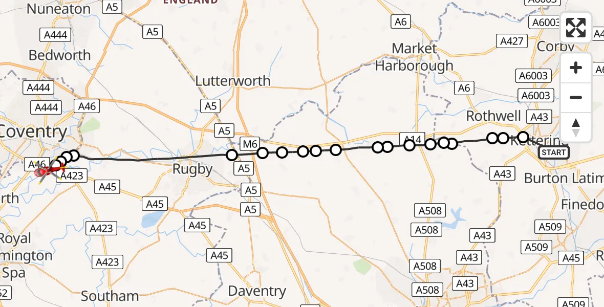 Flight path map showing Air Ambulance Helicopter route from Kettering to Coventry Airport
