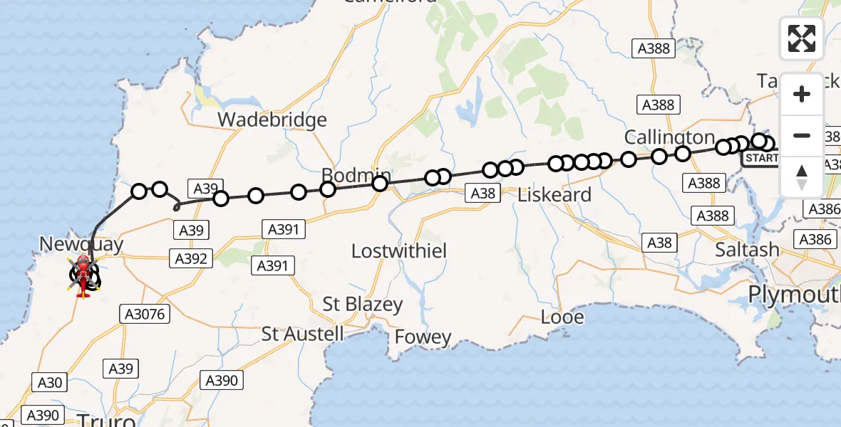 Flight path map showing Air Ambulance Helicopter route from Bere Alston to Newquay