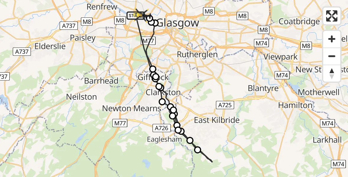 Flight path map showing Police Helicopter route from Glasgow to Glasgow