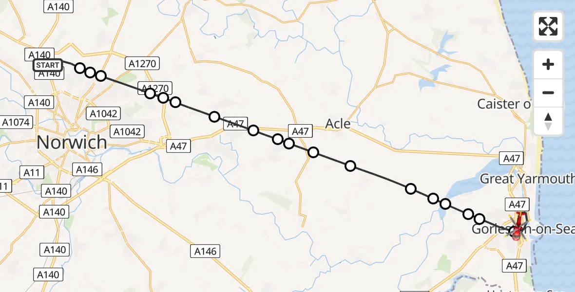 Flight path map showing Air Ambulance Helicopter route from Norwich Airport to Gorleston-on-Sea