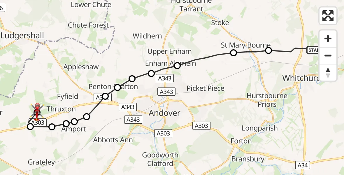 Flight path map showing Air Ambulance Helicopter route from Whitchurch to Thruxton Aerodrome