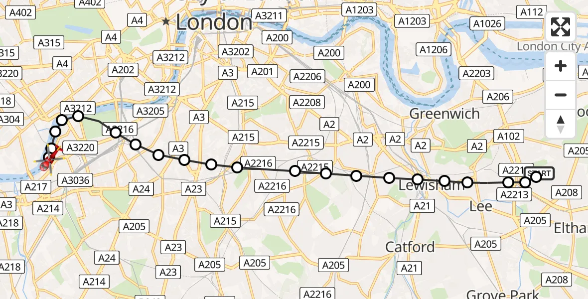 Flight path map showing Air Ambulance Helicopter route from Kidbrooke to London Heliport