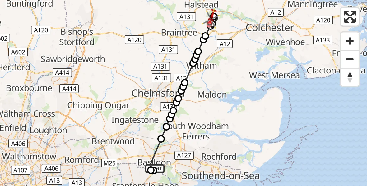 Flight path map showing Air Ambulance Helicopter route from Basildon to Earls Colne Airfield