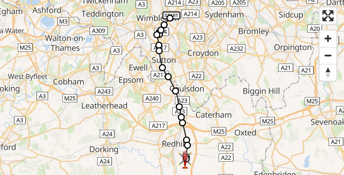 Flight path map showing Air Ambulance Helicopter route from St Georges Hospital to Redhill Aerodrome