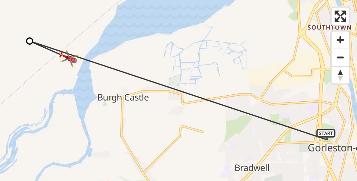 Flight path map showing Air Ambulance Helicopter route from Gorleston-on-Sea to Great Yarmouth