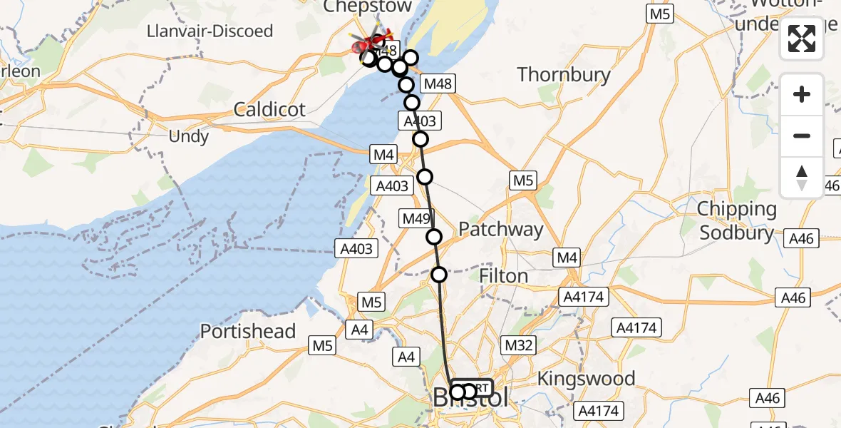 Flight path map showing Air Ambulance Helicopter route from Bristol Royal Infirmary to Chepstow