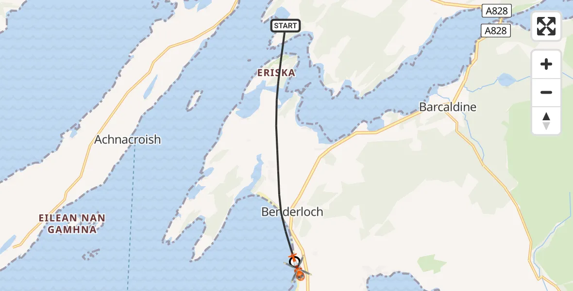 Flight path map showing Coastguard Helicopter route from Inner Seas to Benderloch