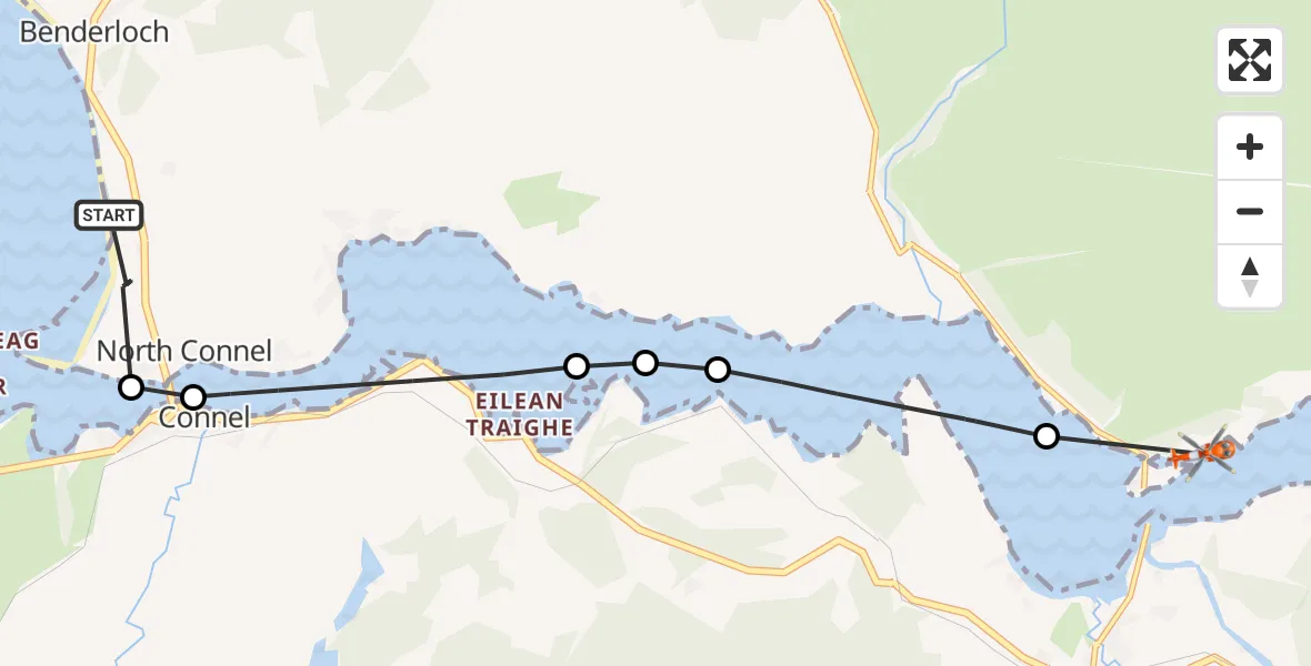 Flight path map showing Coastguard Helicopter route from Oban Airport to Lag Choan