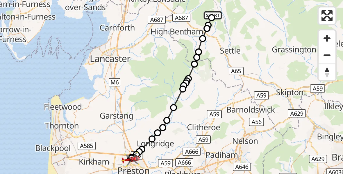 Flight path map showing Air Ambulance Helicopter route from Horton in Ribblesdale to Preston