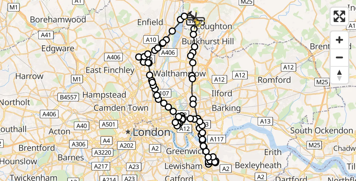 Flight path map showing Police Helicopter route from Metropolitan Police Air Support Unit Lippitts Hill to Epping Forest