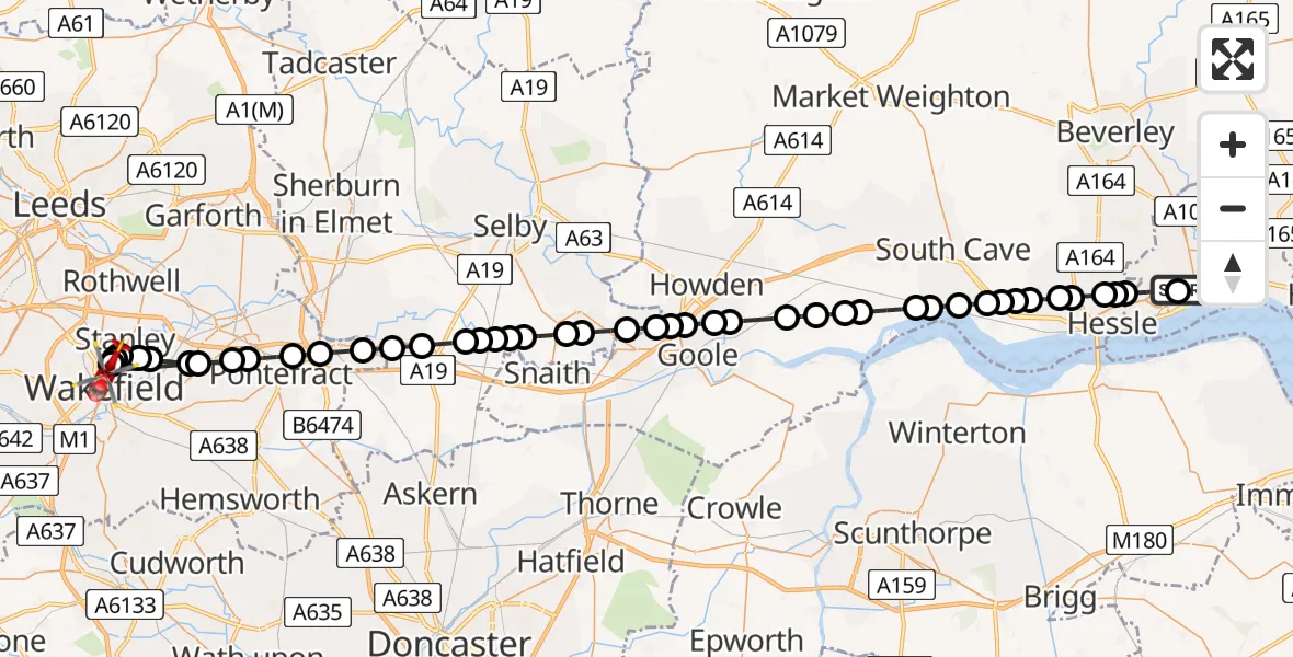 Flight path map showing Air Ambulance Helicopter route from Hull Royal Infirmary to Stanley