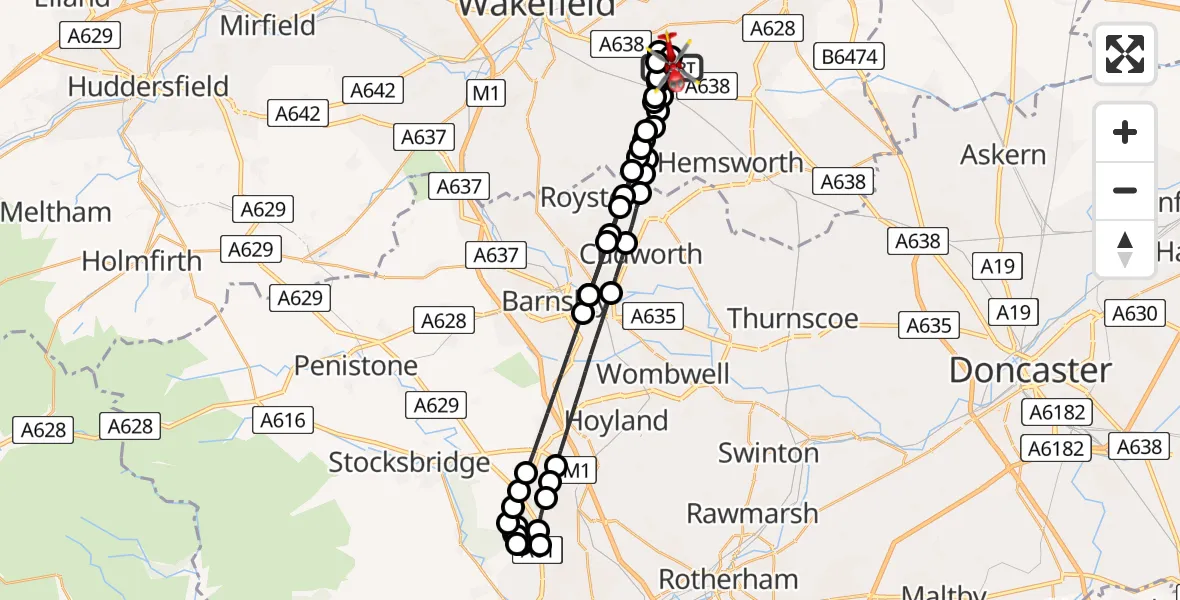 Flight path map showing Air Ambulance Helicopter route from YAA Nostell Helicopter Port to YAA Nostell Helicopter Port