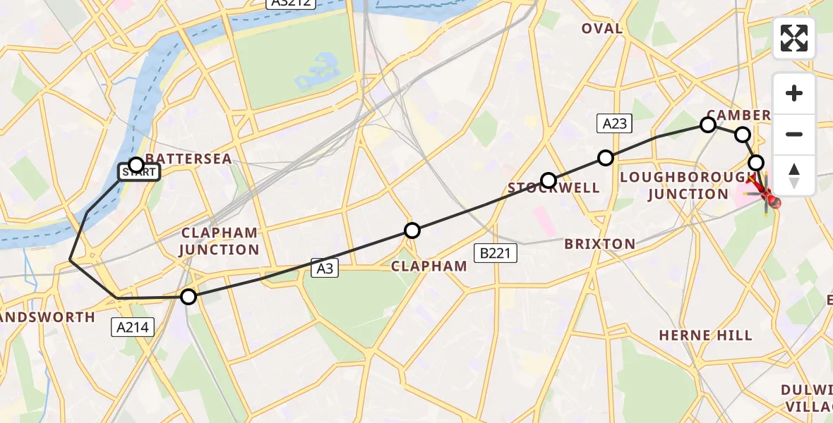 Flight path map showing Air Ambulance Helicopter route from London Heliport to Kings College London Hospital