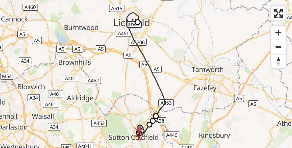 Flight path map showing Air Ambulance Helicopter route from Lichfield to Sutton Coldfield