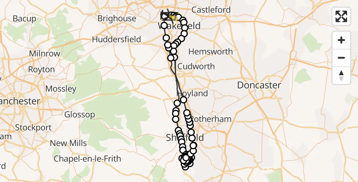 Flight path map showing Police Helicopter route from East Ardsley to Wrenthorpe