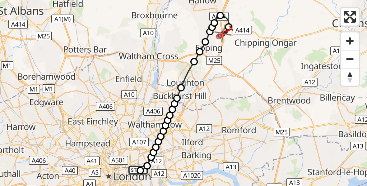 Flight path map showing Air Ambulance Helicopter route from Royal London Hospital to North Weald Airfield