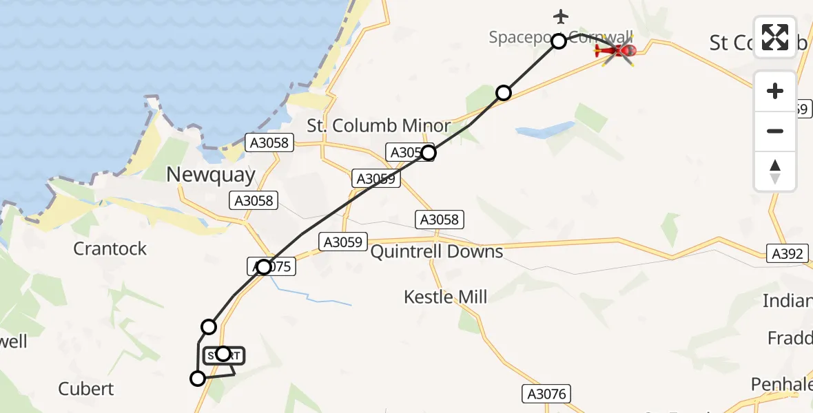 Flight path map showing Air Ambulance Helicopter route from Cubert to Cornwall Airport Newquay