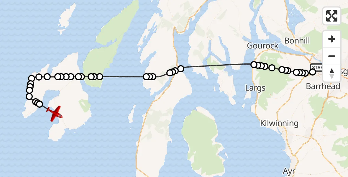 Flight path map showing Air Ambulance Aircraft route from Glasgow Airport to Inner Seas