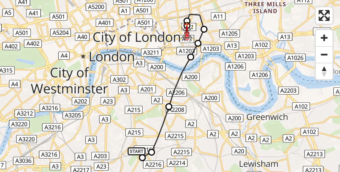 Flight path map showing Air Ambulance Helicopter route from Kings College London Hospital to Royal London Hospital