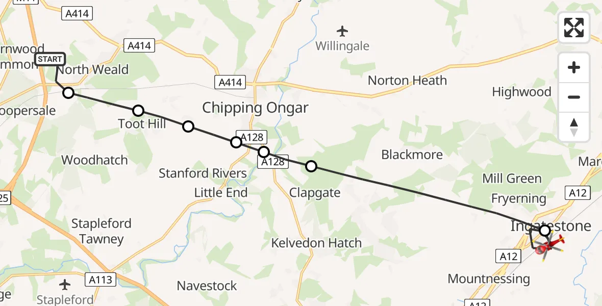 Flight path map showing Air Ambulance Helicopter route from North Weald Airfield to Ingatestone