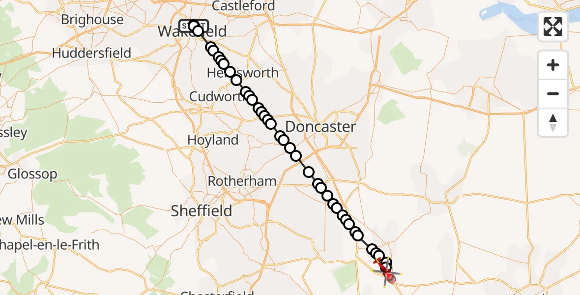 Flight path map showing Air Ambulance Helicopter route from Newton Hill to Retford Gamston Airport