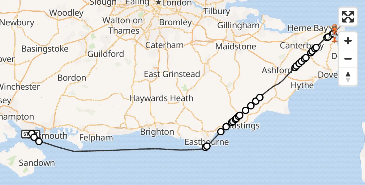 Flight path map showing Coastguard Helicopter route from Solent Airport to Manston Airport