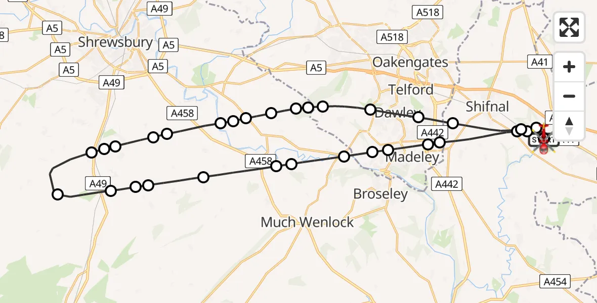 Flight path map showing Air Ambulance Helicopter route from RAF Cosford to Cosford
