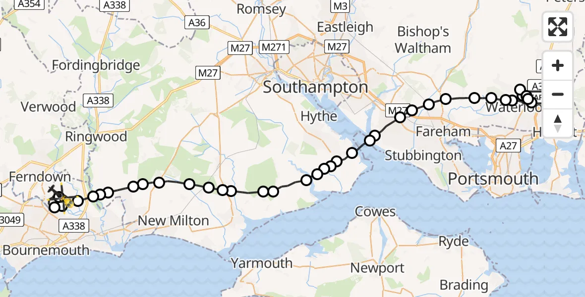 Flight path map showing Police Helicopter route from Havant to Bournemouth Airport
