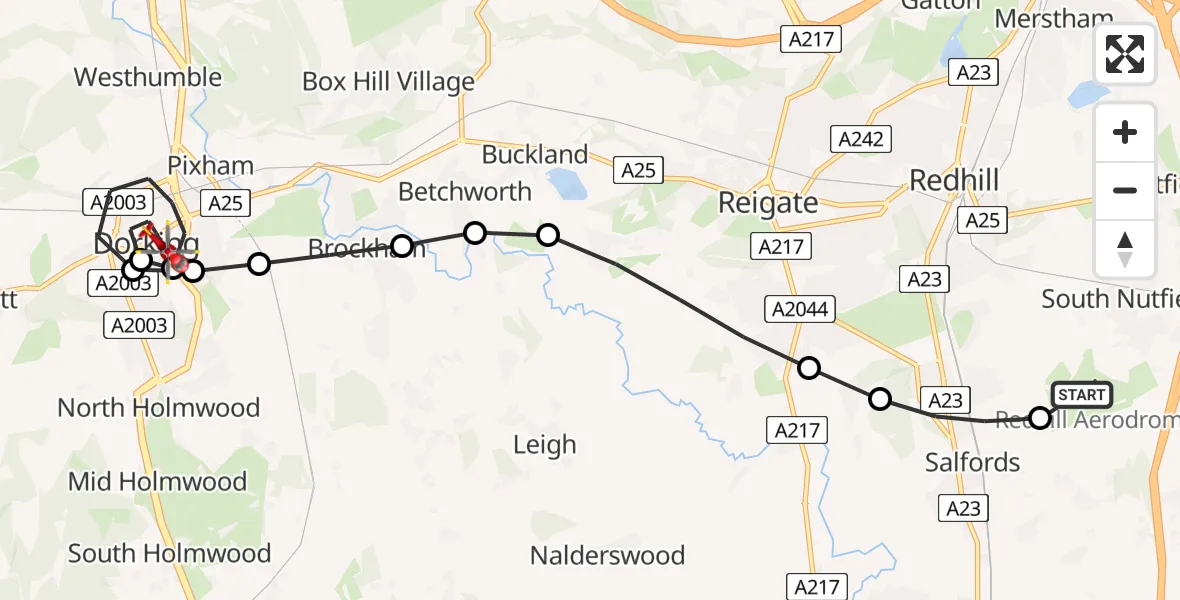 Flight path map showing Air Ambulance Helicopter route from Redhill Aerodrome to Dorking