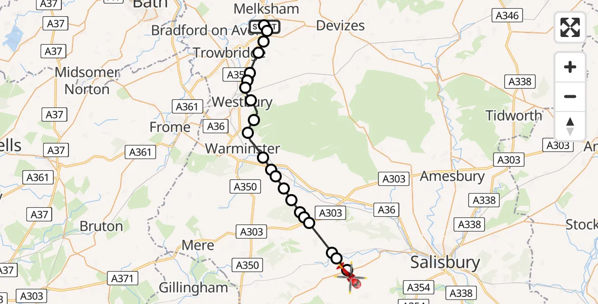 Flight path map showing Air Ambulance Helicopter route from Wiltshire Air Ambulance to Barford St. Martin