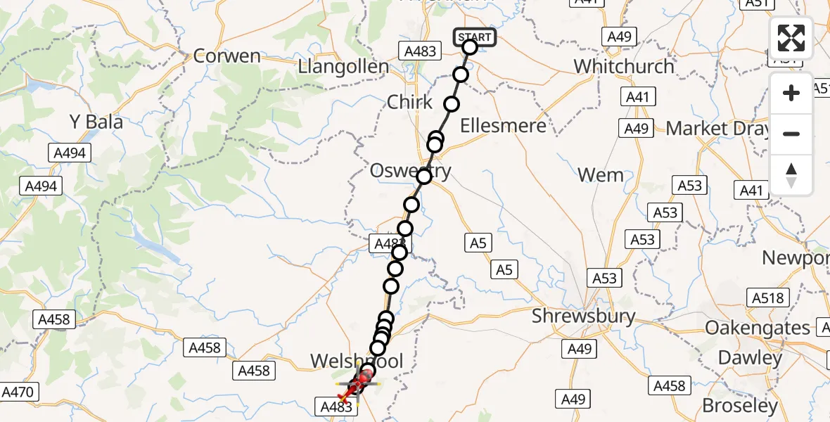 Routekaart van de vlucht: Air Ambulance Helicopter to Welshpool Airport