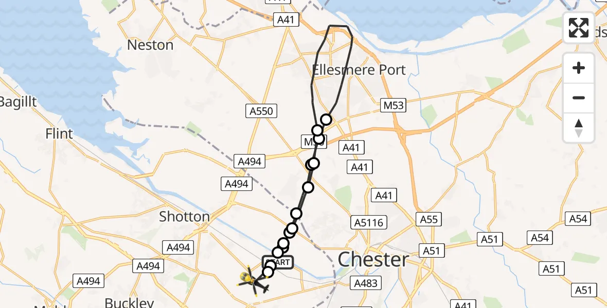 Flight path map showing Police Helicopter route from Saltney Ferry to Hawarden Airport
