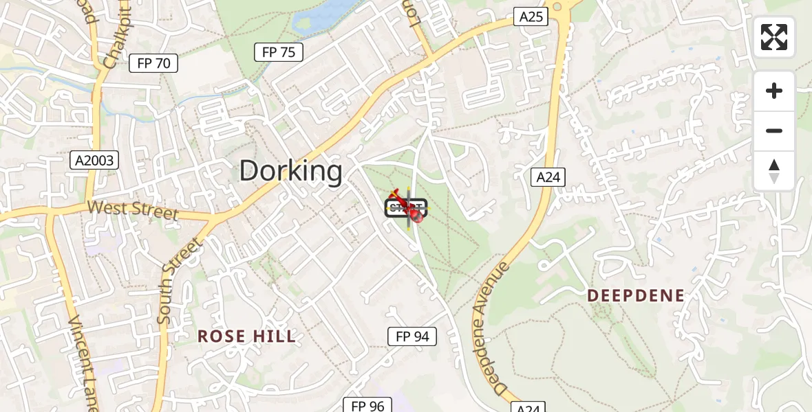 Flight path map showing Air Ambulance Helicopter route from Dorking to Dorking