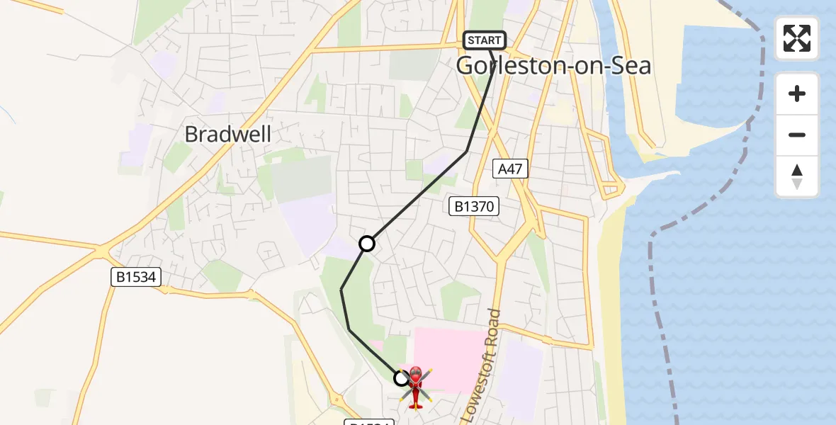 Flight path map showing Air Ambulance Helicopter route from Gorleston-on-Sea to James Paget Hospital