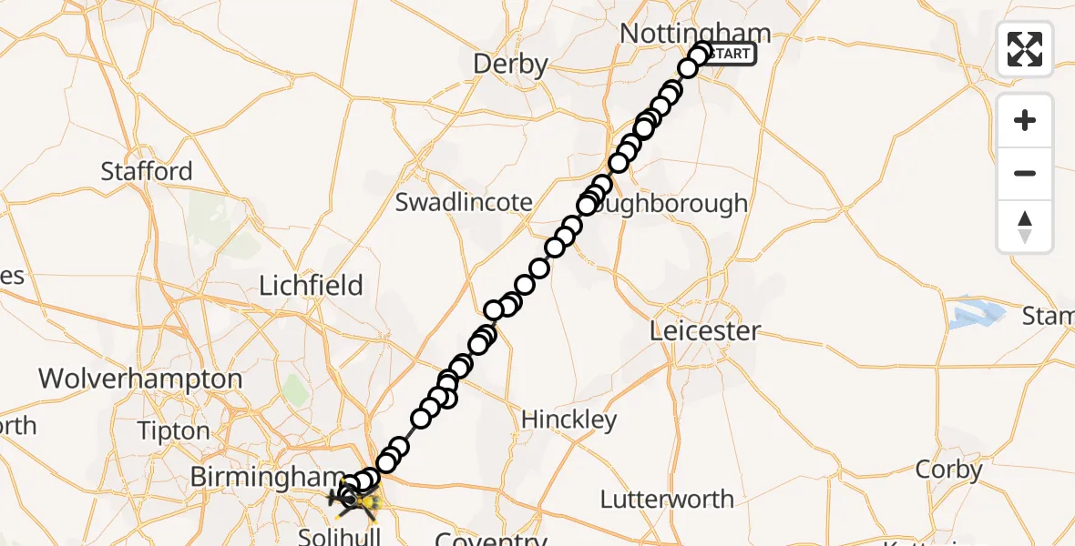 Flight path map showing Police Helicopter route from West Bridgford to Birmingham Airport