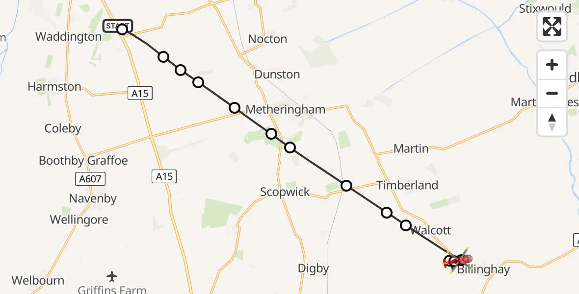 Flight path map showing Air Ambulance Helicopter route from RAF Waddington to Billinghay