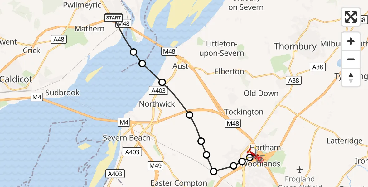 Flight path map showing Air Ambulance Helicopter route from Chepstow to Almondsbury Helicopter Base
