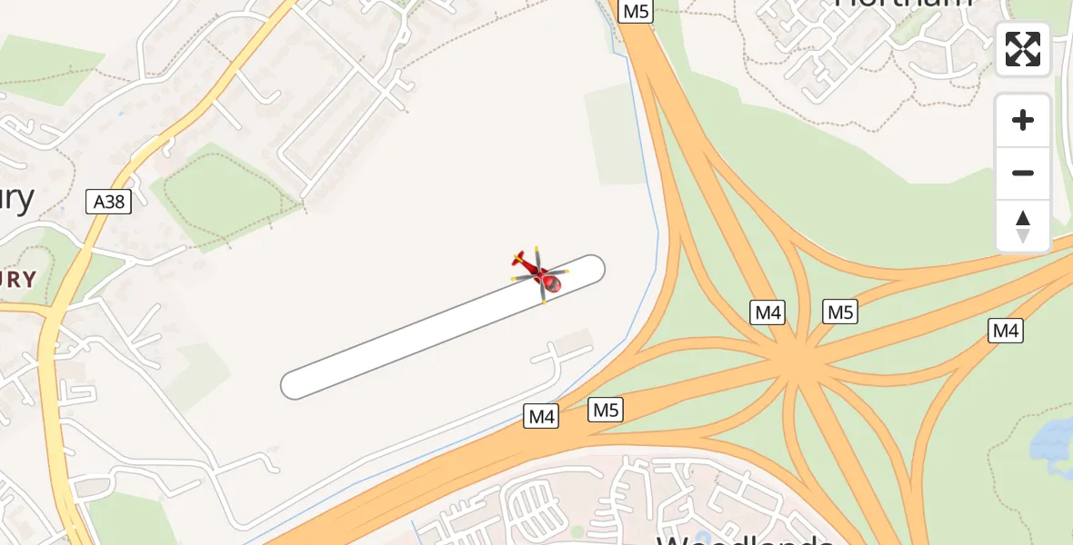 Flight path map showing Air Ambulance Helicopter route from Almondsbury Helicopter Base to Almondsbury Helicopter Base