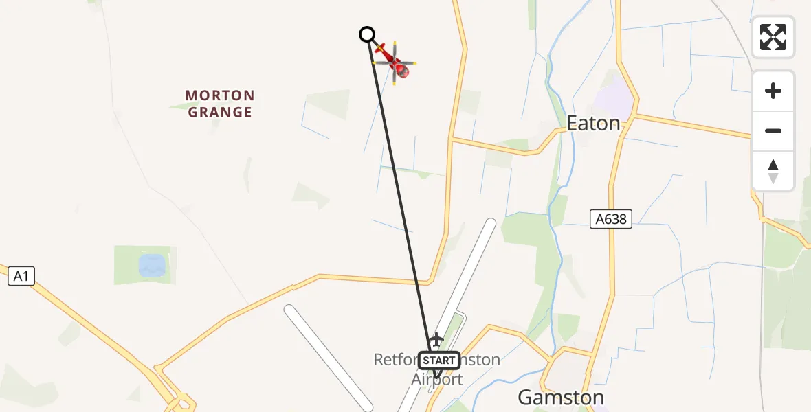 Flight path map showing Air Ambulance Helicopter route from Retford Gamston Airport to Ordsall