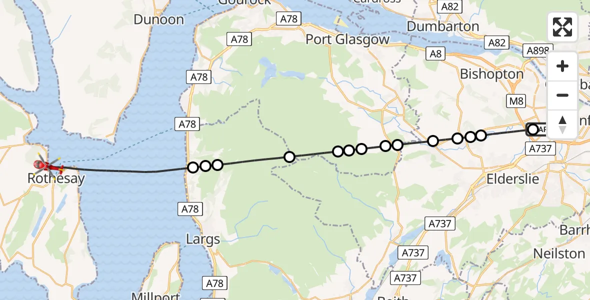 Flight path map showing Air Ambulance Helicopter route from Glasgow Airport to Inner Seas