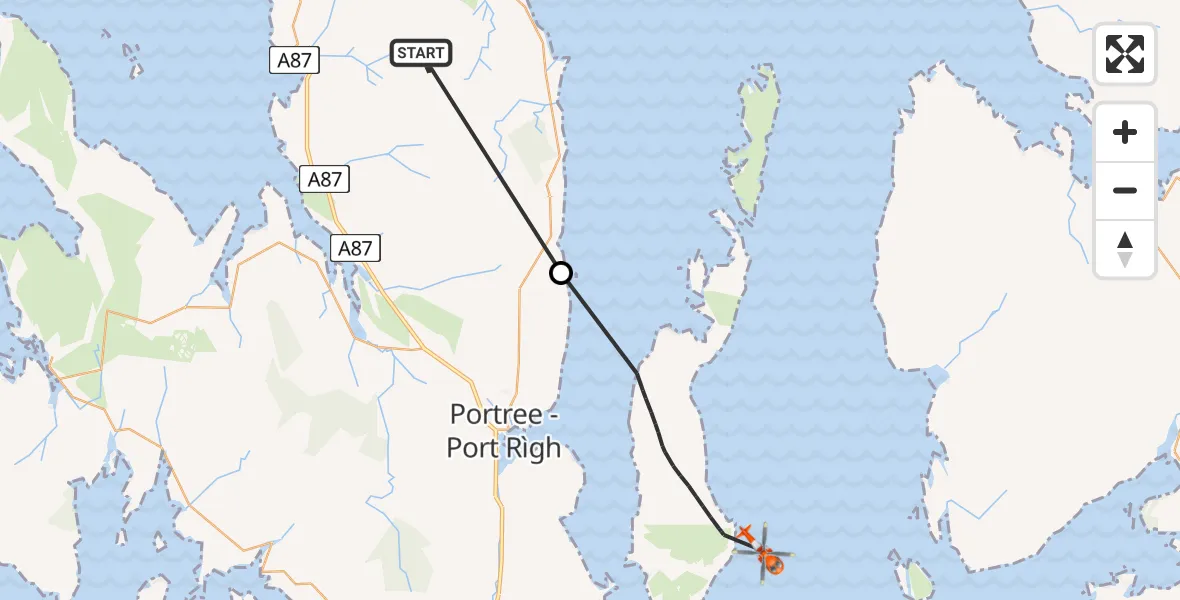 Flight path map showing Coastguard Helicopter route from Staffin - Stafainn to Inner Seas