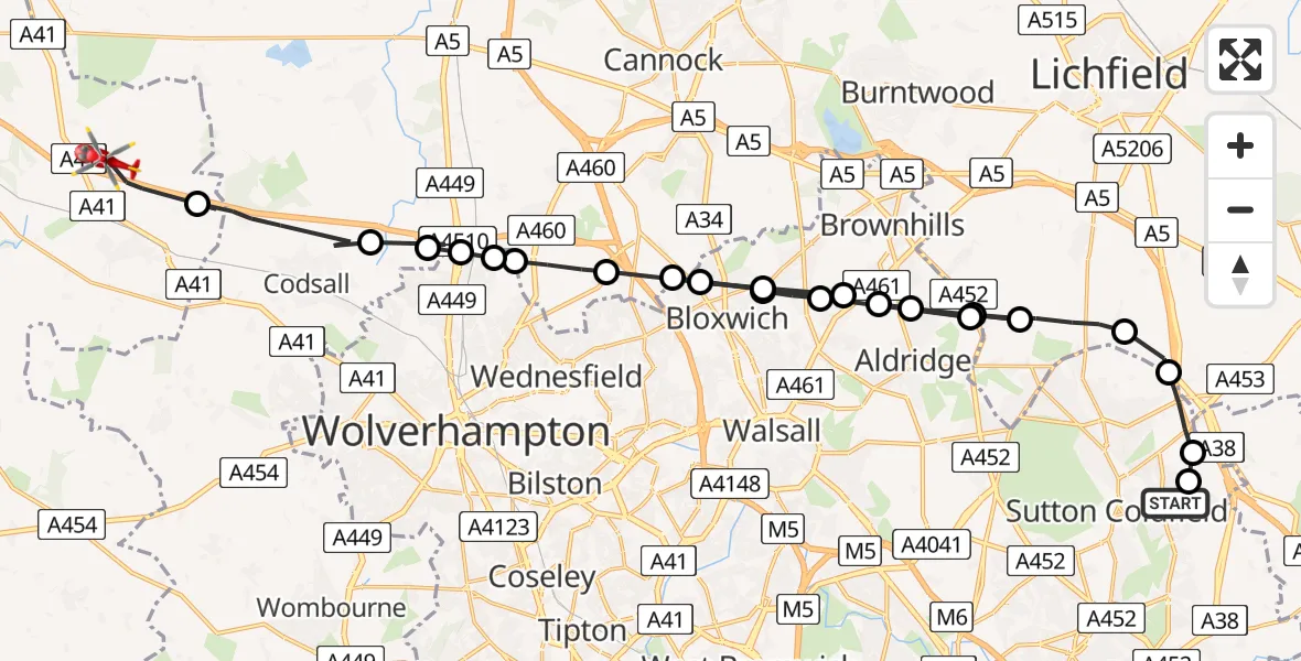 Flight path map showing Air Ambulance Helicopter route from Sutton Coldfield to Tong
