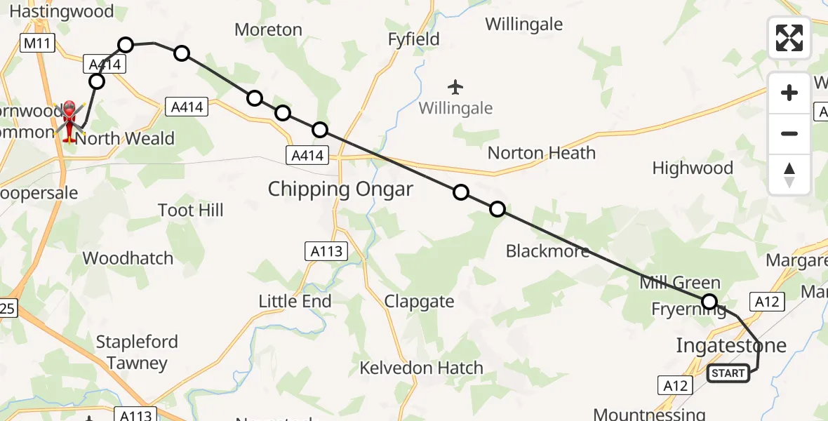 Flight path map showing Air Ambulance Helicopter route from Ingatestone to North Weald Airfield