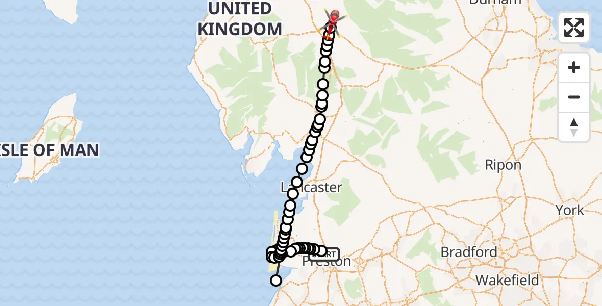Flight path map showing Air Ambulance Helicopter route from Preston to Edenhall