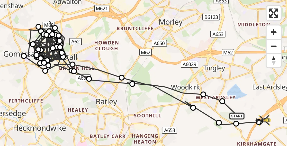 Flight path map showing Police Helicopter route from East Ardsley to East Ardsley