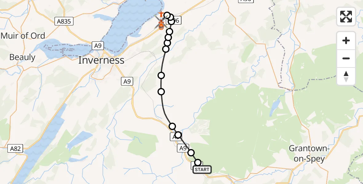 Flight path map showing Coastguard Helicopter route from Slochd to Inverness Airport