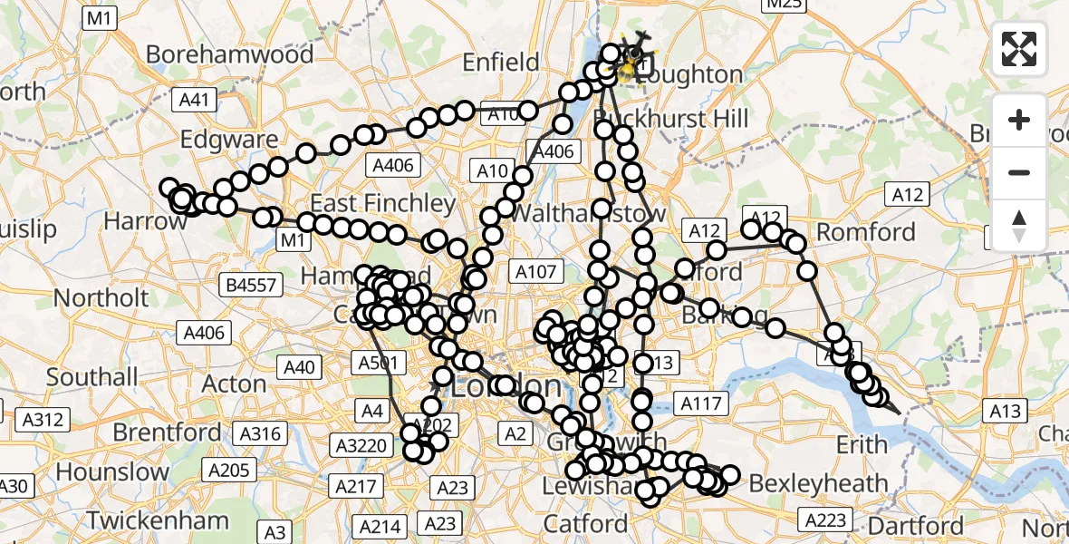 Flight path map showing Police Helicopter route from Sewardstonebury to Metropolitan Police Air Support Unit Lippitts Hill