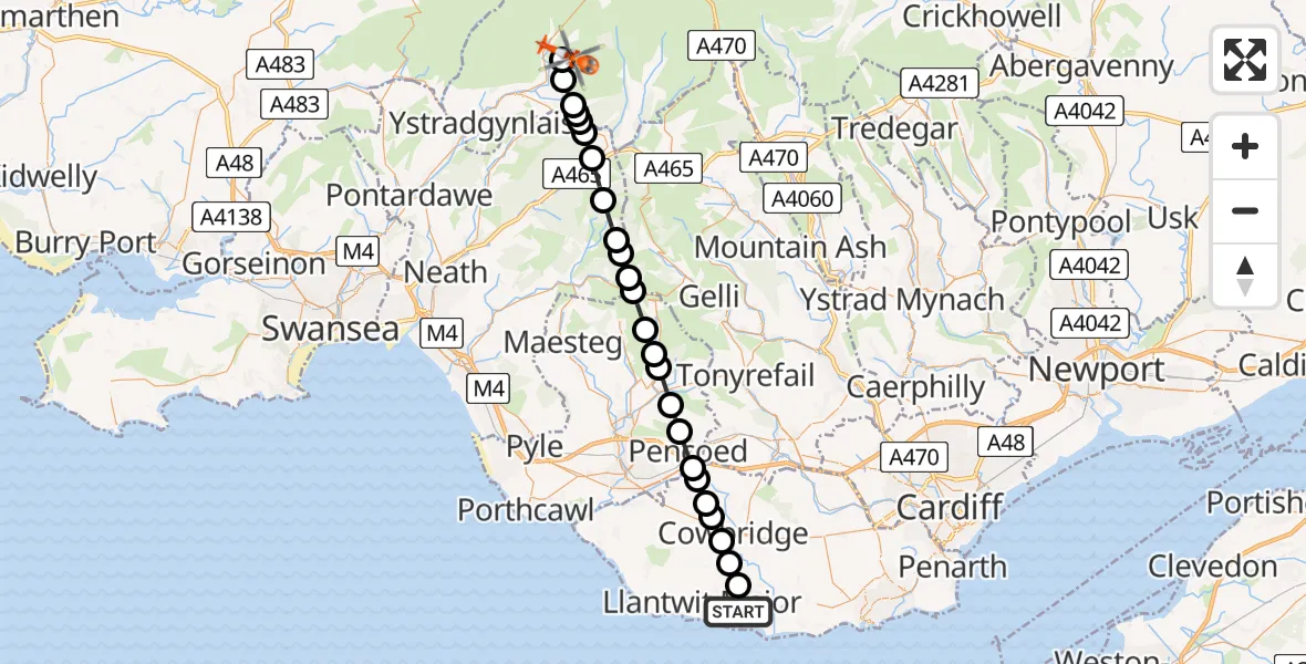 Flight path map showing Coastguard Helicopter route from MOD St Athan to Llywel