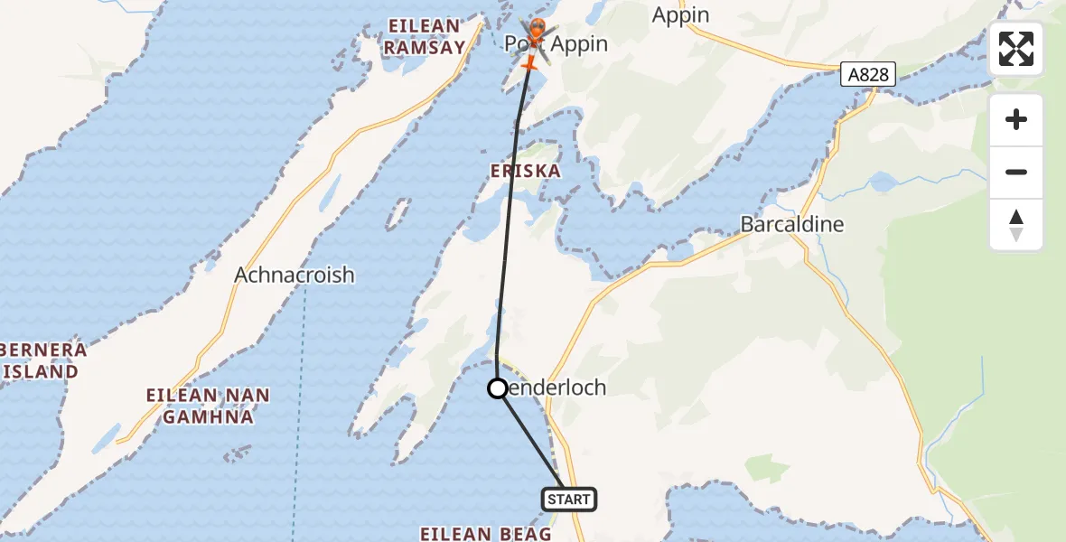 Flight path map showing Coastguard Helicopter route from Oban Airport to Inner Seas